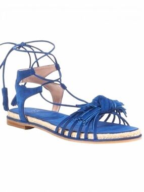 STUART WEITZMAN FLOWERPOT BLUE SANDALS FRINGE KNOT ESPADRILLE ANKLE WRAP SANDALS